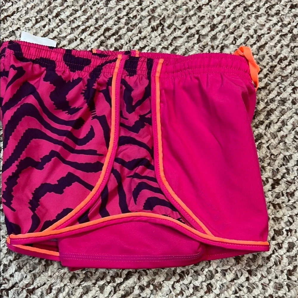 Girls Pink and Purple Athletic Shorts with Orange Trim